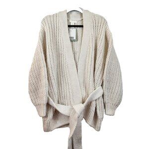 H&M Womens S White Knit Ribbed Long Sleeve Opened Tie Front Cardigan Sweater